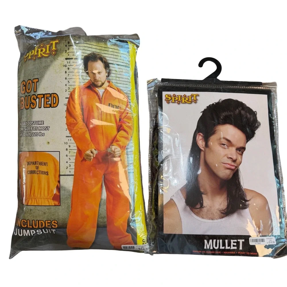 Spirit Halloween Prisoner Costume Set Orange Inmate Jumpsuit / Black Mullet Wig - Picture 1 of 6